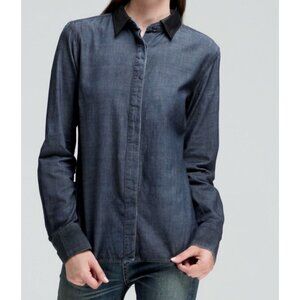 Rag & Bone Women's Medium Tinted Resin Classic Collar Chambray Shirt Leather Top